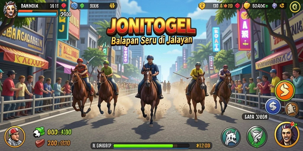 Tangkapan layar gameplay JONITOGEL menampilkan balapan mendebarkan di jalanan kota.