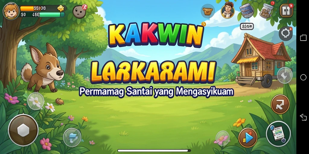 Tampilan gameplay KAKWIN dengan grafik yang cerah dan karakter unik.