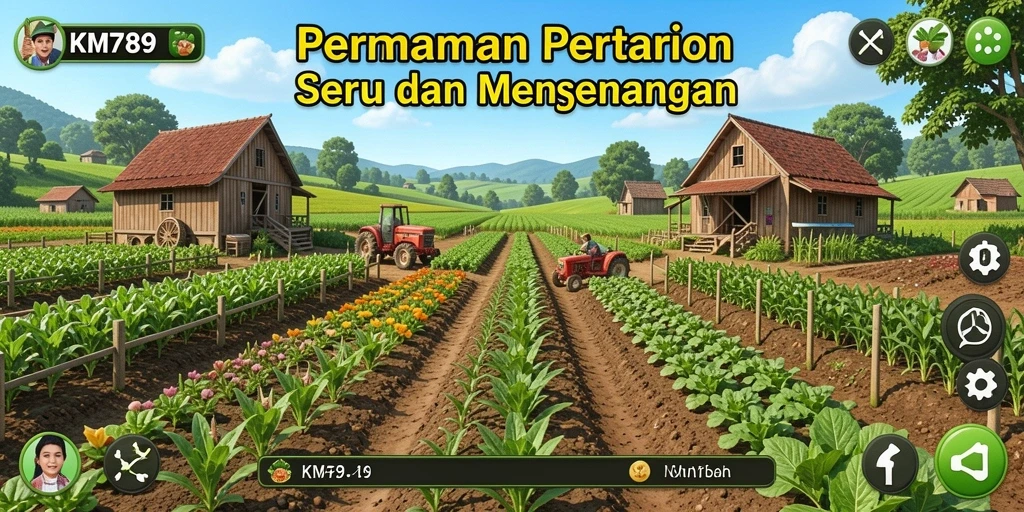 Screenshot KM789 menampilkan petani yang sedang merawat ladang dengan tanaman hijau subur.