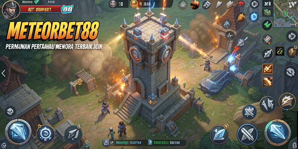 Tangkapan layar gameplay METEORBET88 dengan menara pertahanan yang strategis.