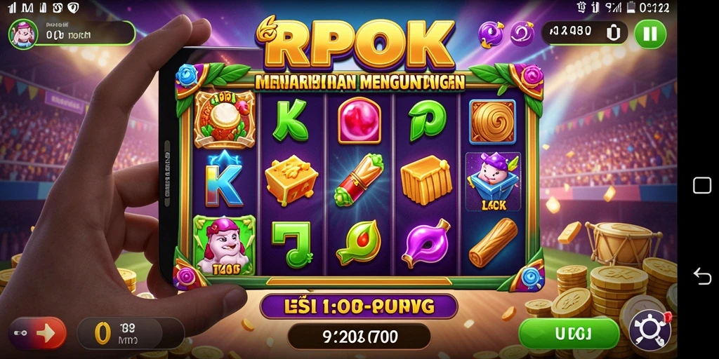 Tampilan gameplay RPOK dengan mesin slot yang penuh warna.
