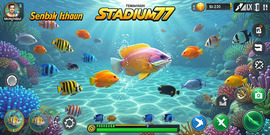 Screenshot STADIUM77 menampilkan aksi seru menembak ikan di laut.