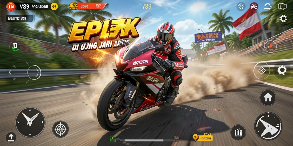 Tampilan gameplay V89 dengan balapan motor yang intens dan mendebarkan.
